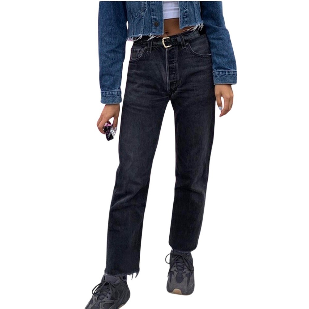 RE/DONE Stove Pipe Jeans High Rise Raw Hem Button Fly Washed Black Grunge Sz 30